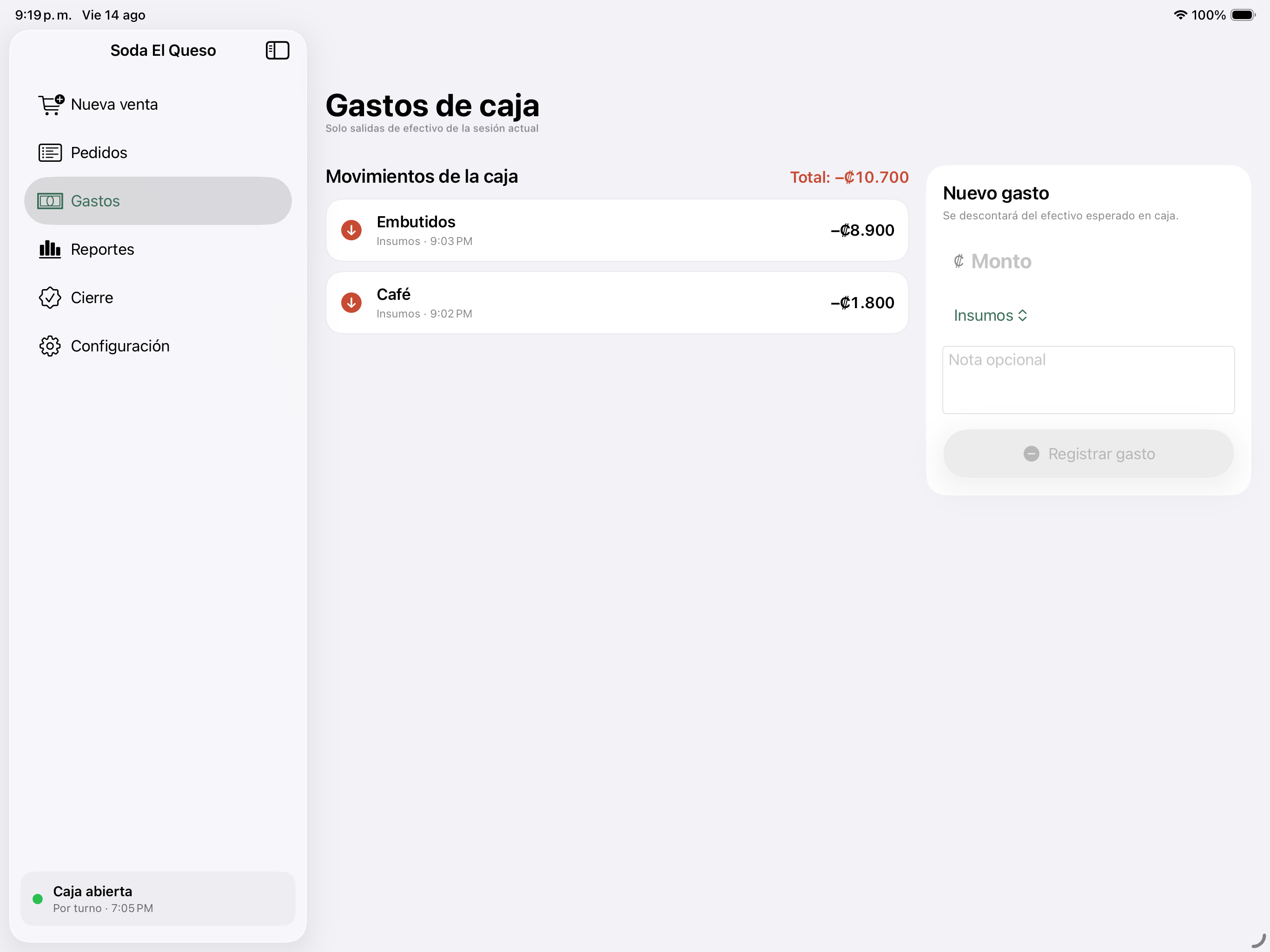 Pantalla para registrar gastos de caja